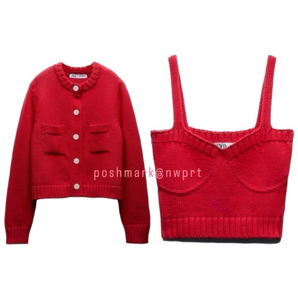 [SET] ZARA 🍓 Knit Cardigan Sweater Cami Tank Top Red XS S - Picture 4 of 16